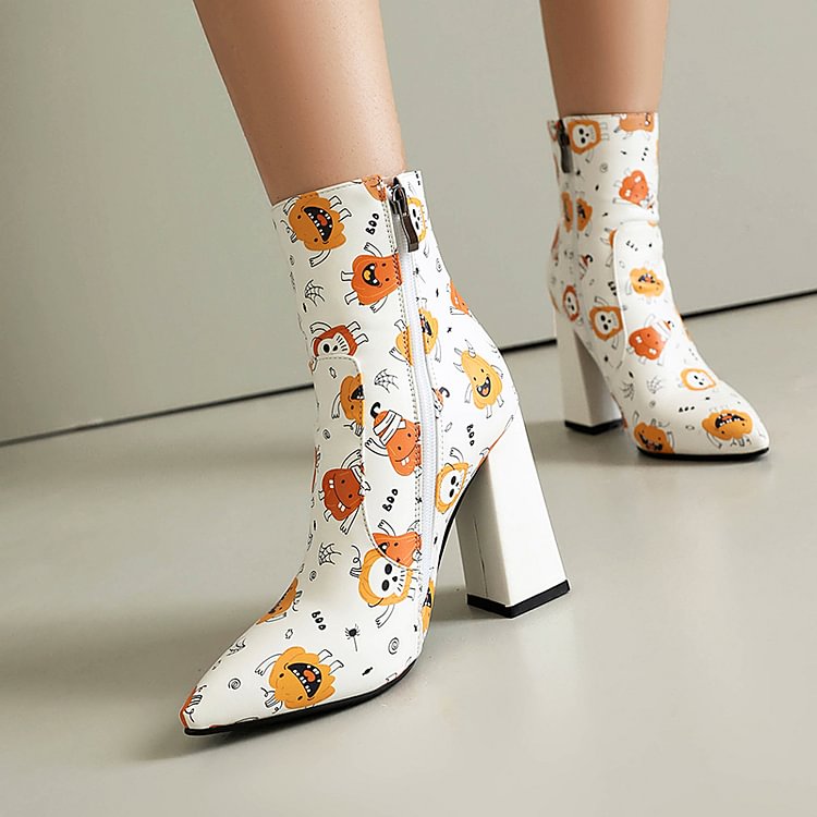 Halloween Pumpkin Skull Print Pointe Toe Chunky Heel Ankle Boots