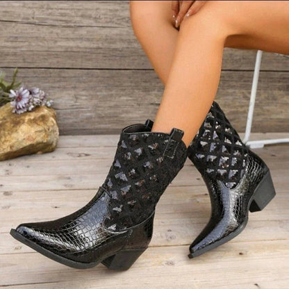 Crocodile Pattern Patchwork Pointed Toe Chunky Heel Mid Boots