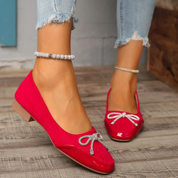 Rhinestone Bowknot Decor Patchwork Square Toe Low Heels