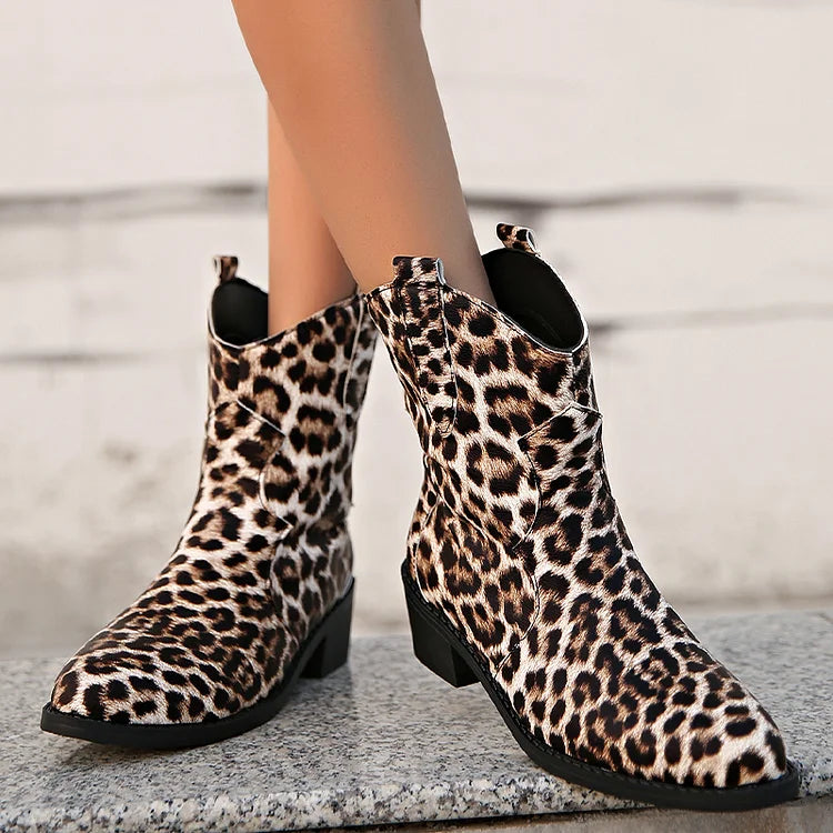 Patchwork Round Toe Leopard Print Chunky Heel Mid Boots