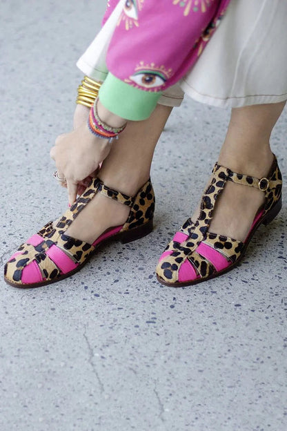 Colorblock Leopard Print T-Strap Buckle Khaki Flats [Pre Order]