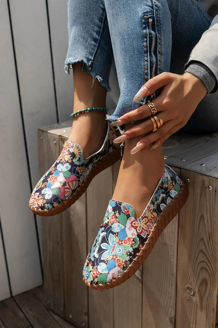 Multicolor Pattern Print Stitch Detail Round Toe Slip On Loafers