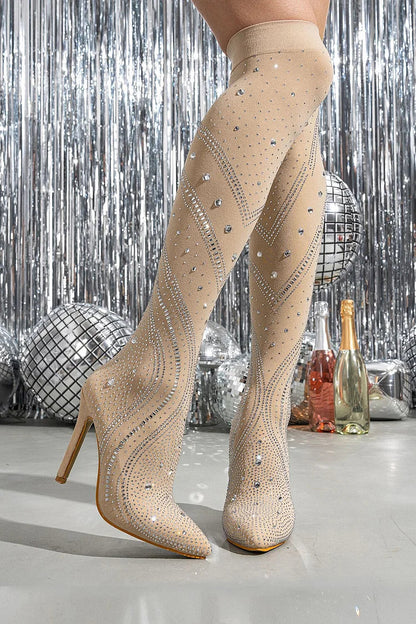 Rhinestone Decor Pointed Toe Stiletto Heel Pull On Over The Knee Boots