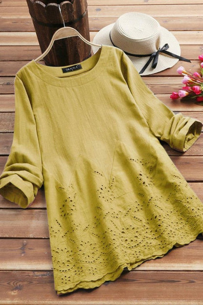 Solid Embroidery O-neck Long Sleeves Blouse