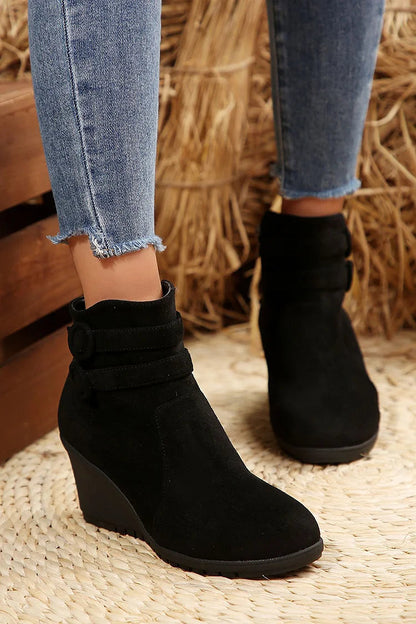 Patchwork Straps Buckles Zipper Round Toe Wedge Heel Ankle Boots