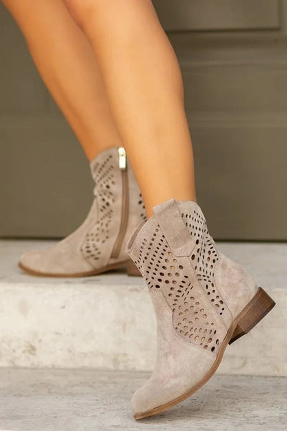 Patchwork Hollow Out Round Toe Taupe Ankle Boots