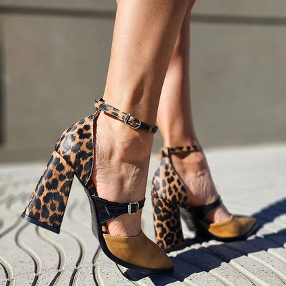 Colorblock Pointed Toe Leopard Print Khaki Chunky Heels