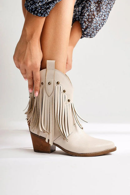 Metal Rivets Fringed Trim Pointed Toe Beige Mid Boots [Pre Order]