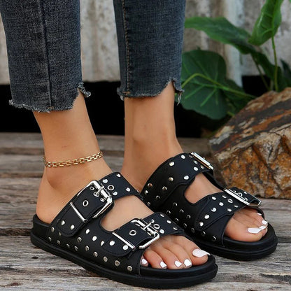 Studded Belt Buckle Round Toe Solid Color Slippers