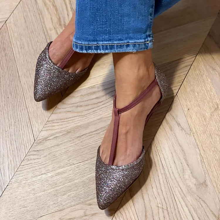 T-Strap Buckle Pointed Toe Glitter Gray Low Heels [Pre Order]