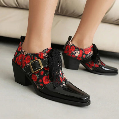 Roses Skull Print Patchwork Tied Up Lace Square Toe Chunky Heel Oxfords