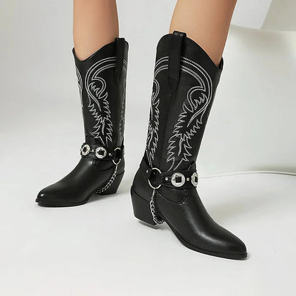 Embroidery O-Ring Chain Decor Pointed Toe Chunky Heel Mid Calf Boots