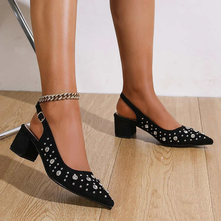 Rhinestone Decor Slingback Strap Pointy Toe Buckle Chunky Heels