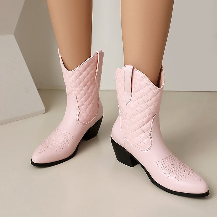 Stitch Detail Pointed Toe Patchwork Chunky Heel Ankle Boots