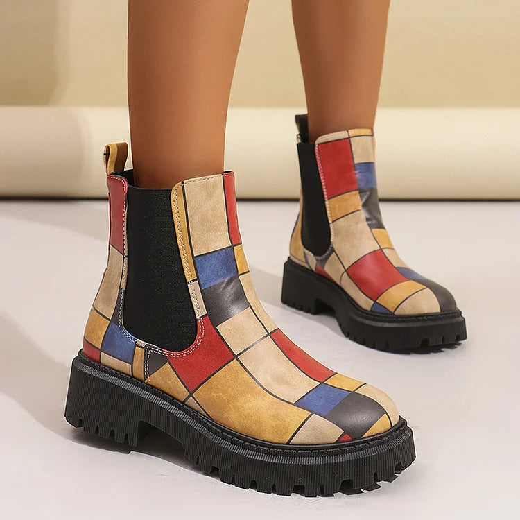 Round Toe Multicolor Print Patchwork Chunky Heel Ankle Boots