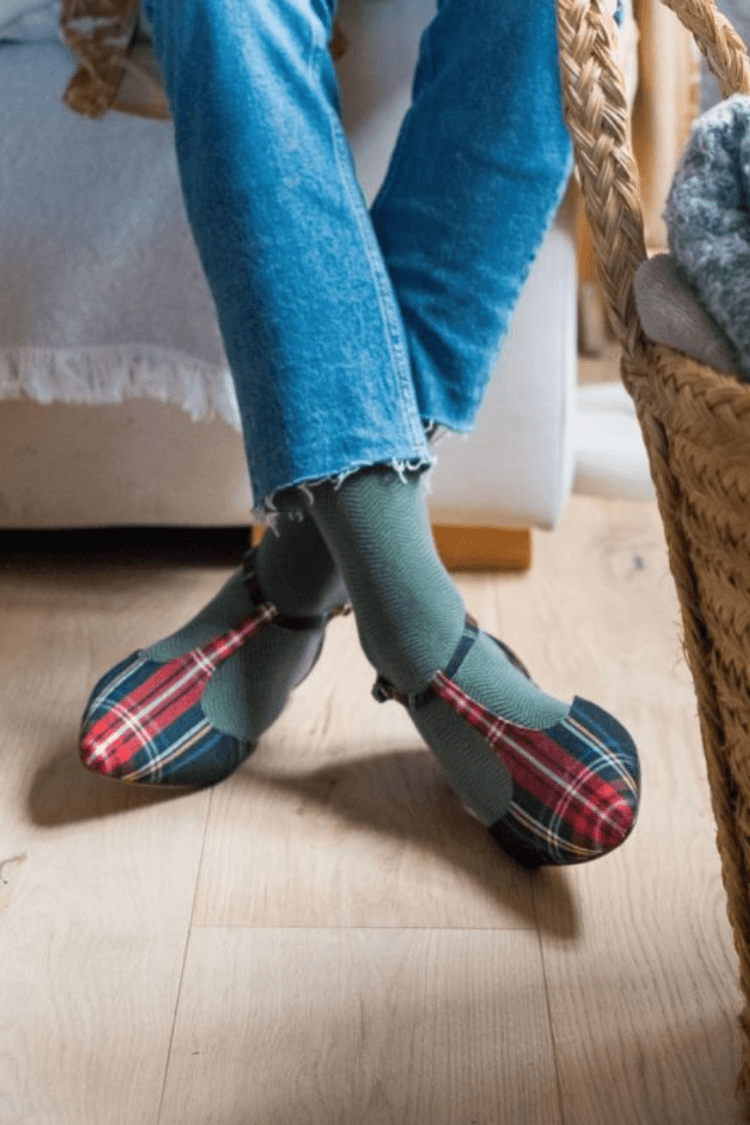 Plaid T-Strap Pointed Toe Flats