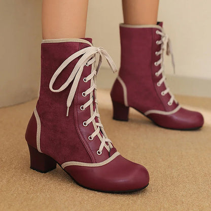 Contrast Trim Patchwork Lace Up Round Toe Chunky Heel Mid Boots