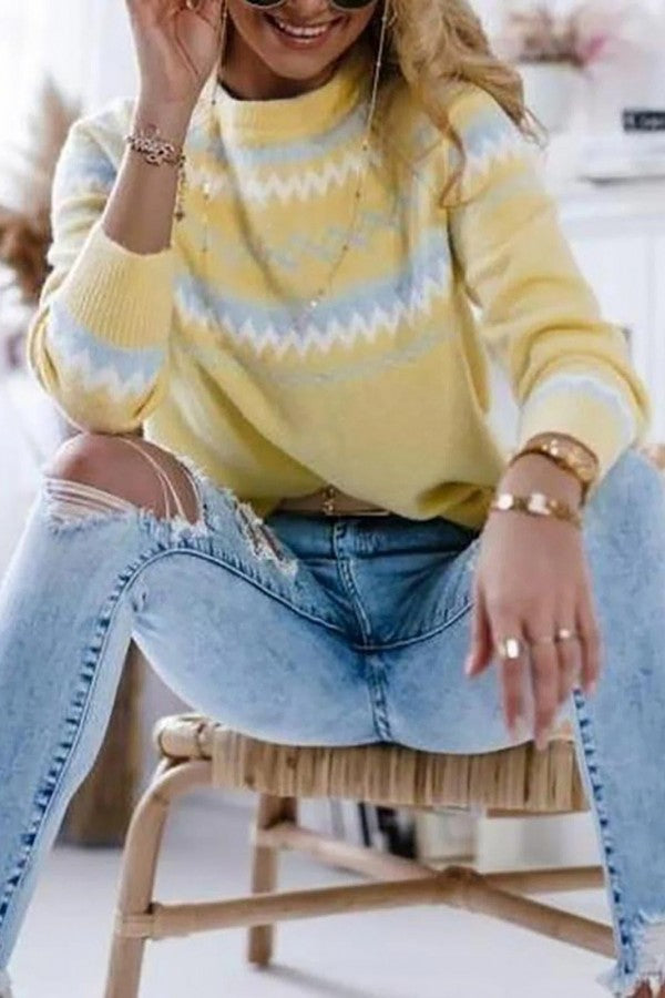 Geometric Stripe Crew Neck Long Sleeves Sweater