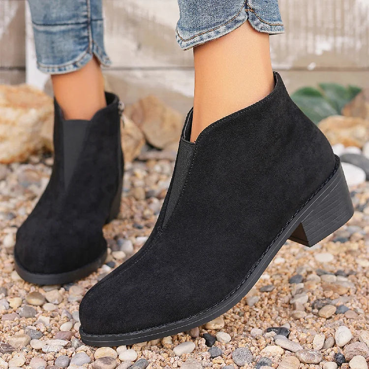 Patchwork Zipper Pointed Toe Chunky Heel Ankle Boots