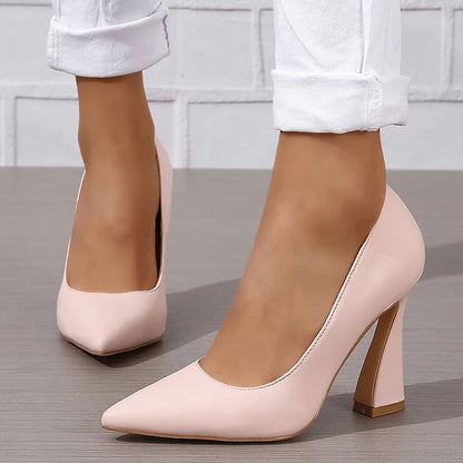 Casual Solid Color Pointy Toe Slip On Chunky Heels