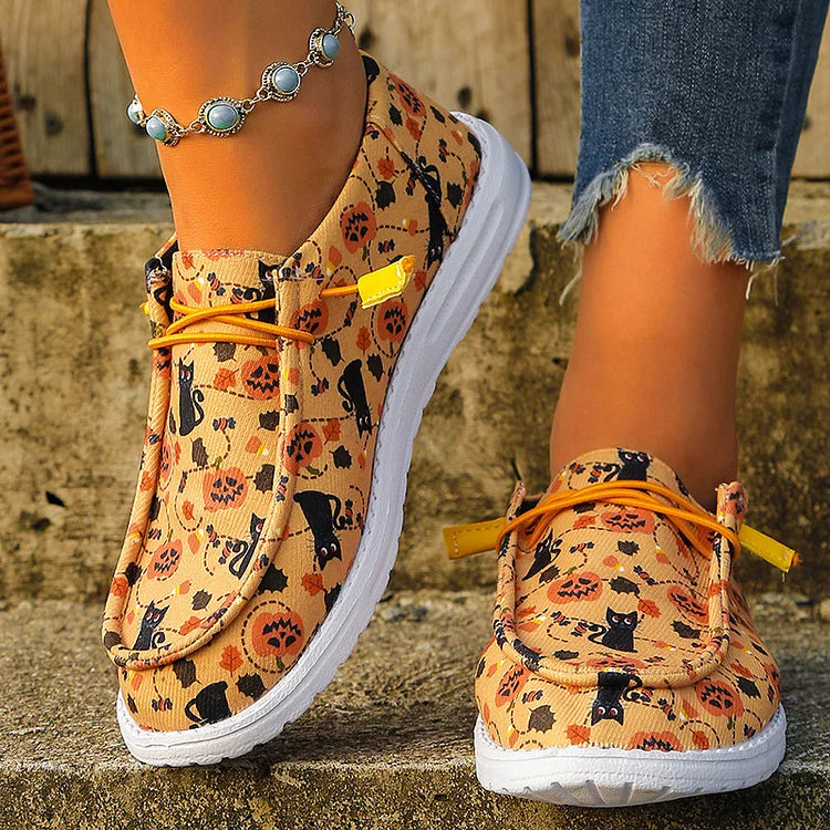 Halloween Candy Pumpkin Cat Print Lace Up Canvas Casual Shoes