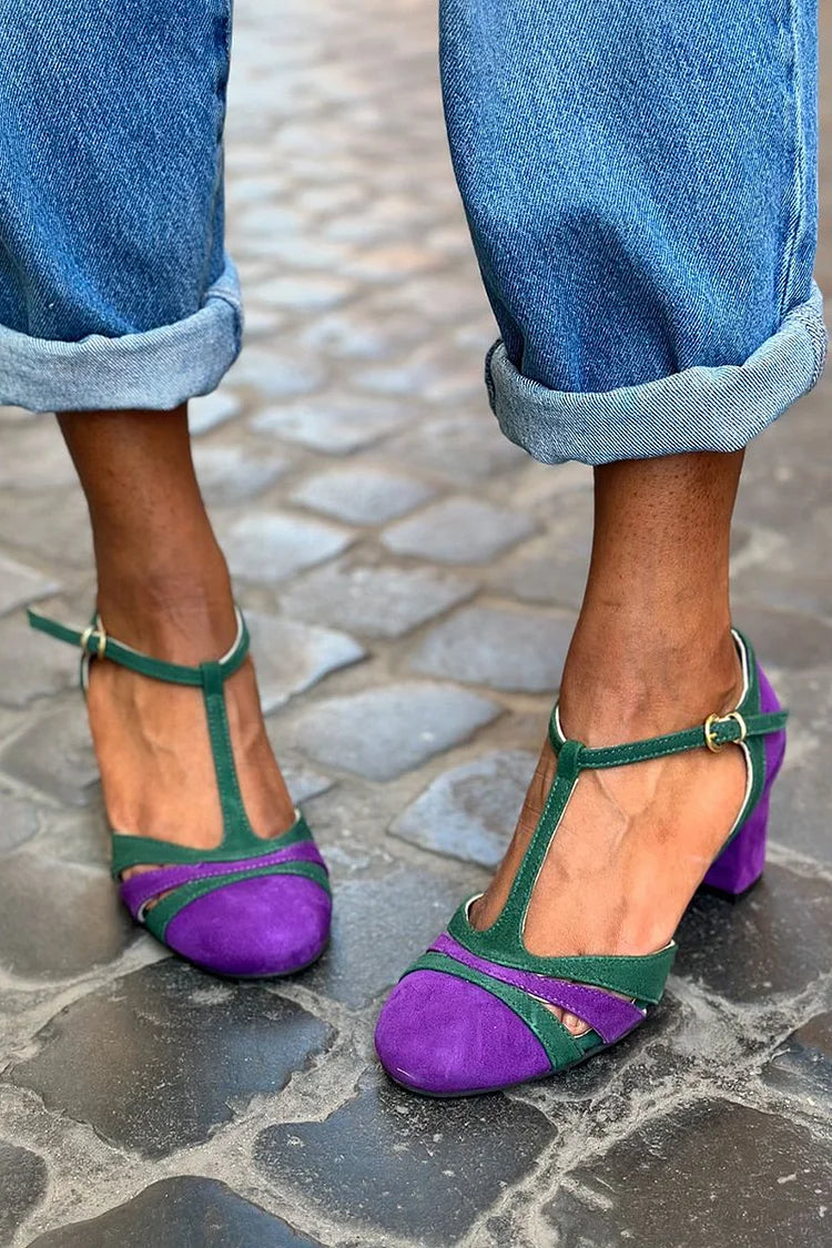 T-Strap Buckle Colorblock Round Toe Purple Chunky Heels