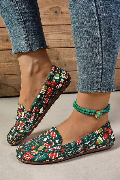 Christmas Print Patchwork Round Toe Casual Loafers