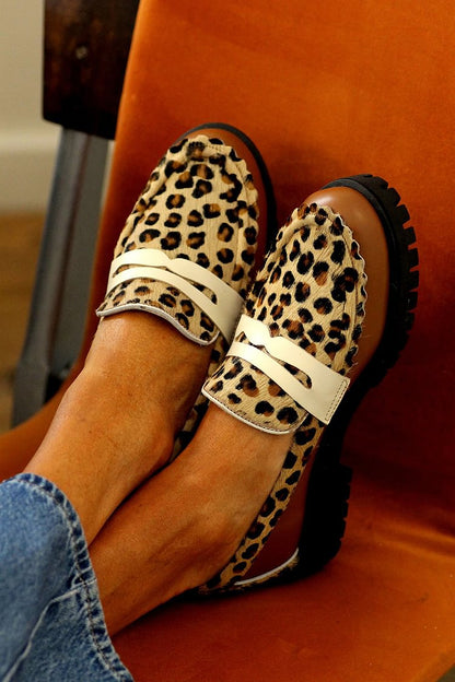 Leopard Print Patchwork Round Toe Brown Loafers [Pre Order]