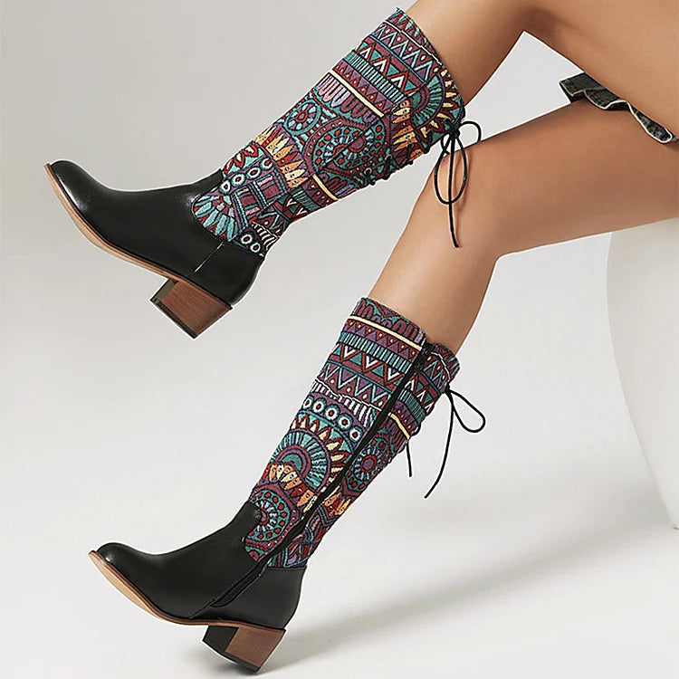 Multicolor Tribal Pattern Patchwork Lace Up Mid Calf Boots