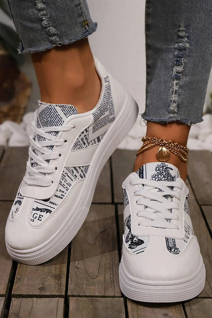 Colorblock Pattern Print Round Toe Lace Up Sneakers