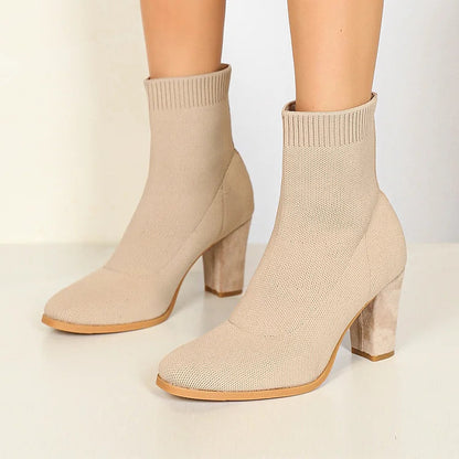 Knitted Solid Color Pointed Toe Chunky Heel Pull On Sock Ankle Boots