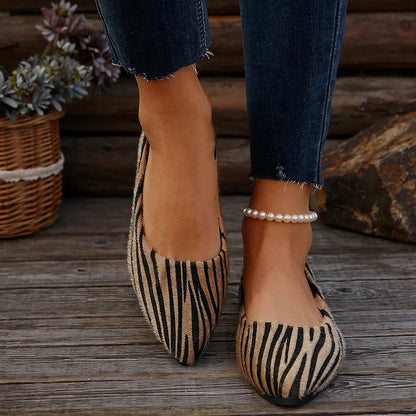 Colorblock Fuzzy Zebra Pattern Pointed Toe Slip On Flats