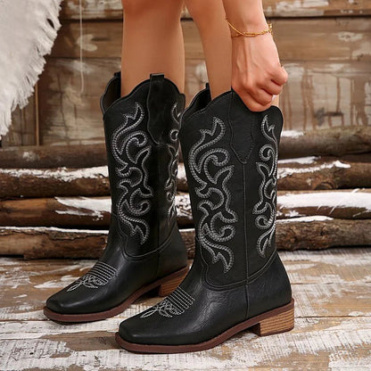 Tribal Pattern Embroidery Square Toe Patchwork Mid Calf Boots