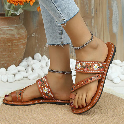 Casual Vacation Floral Embroidery Seam Toe Ring Slippers