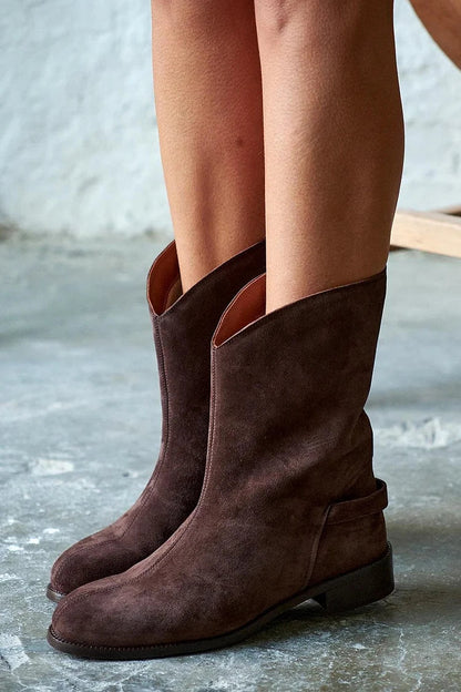 Solid Color Round Toe Low Block Heel Dark Brown Mid Boots [Pre Order]