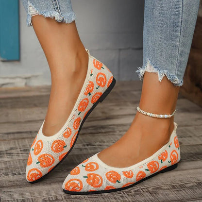 Halloween Horror Pumpkin Pattern Print Pointy Toe Knit Flats