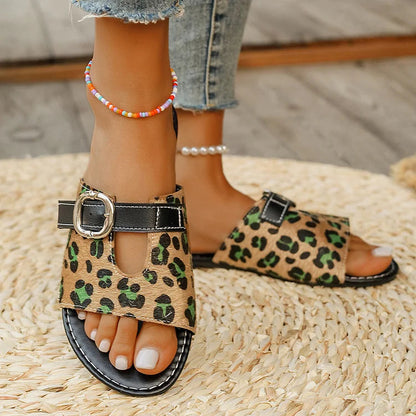 Color Matching Leopard Print Belt Buckle Seam Slippers