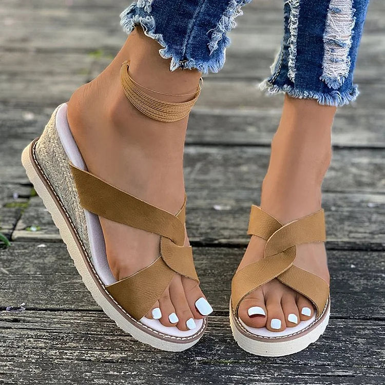 Casual Cross Strap Peep Toe Plain Espadrille Wedge Slippers