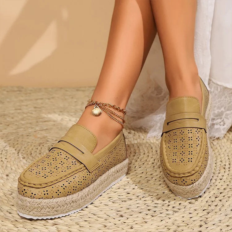 Hollow Out Patchwork Round Toe Casual Platform Loafers