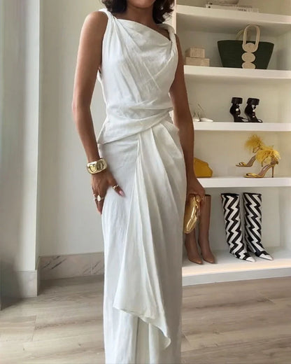 Vestido De Lino De Algodón Con Diseño Irregular De Color Sólido De Moda 