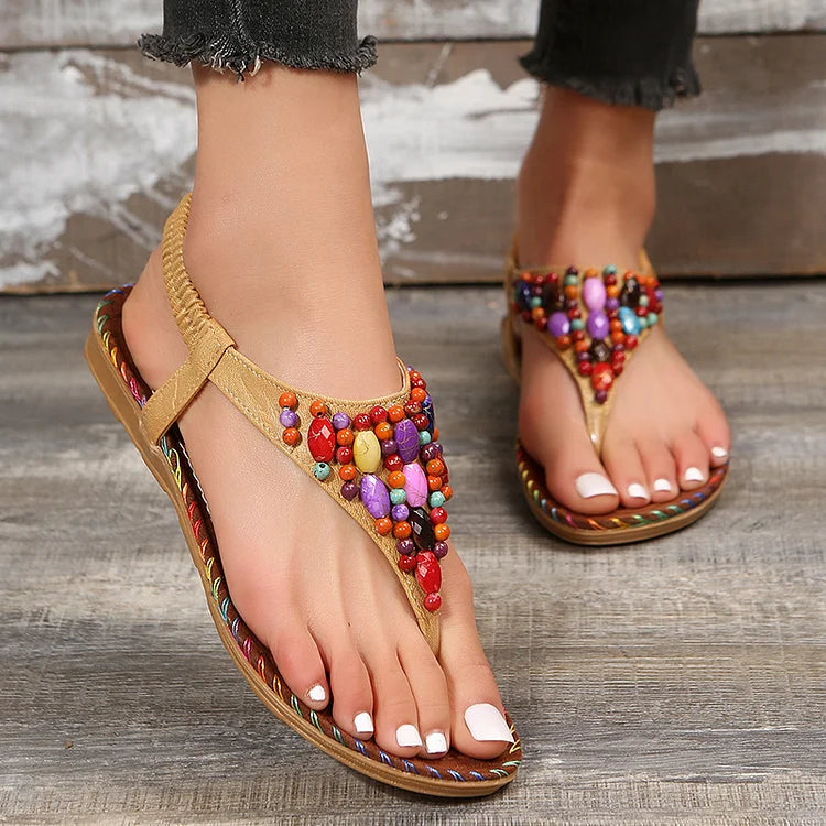 Colourful Gem Beads Seam Detail Elastic Band Flip Flops Retro Sandals