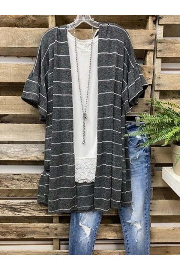 Striped Short Sleeve Loose Cardigan