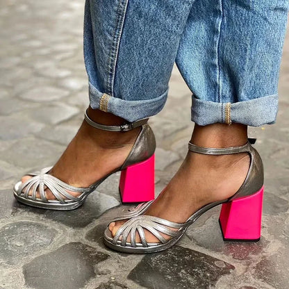Dressy Sparkly Buckle Ankle Strap Peep Toe Colorblock Chunky Heels