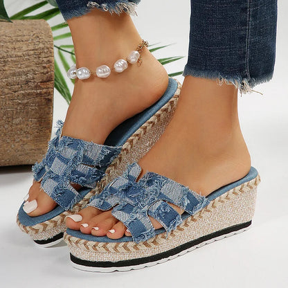 Patchwork Print Hollowed Peep Toe Denim Frayed Wedge Slippers