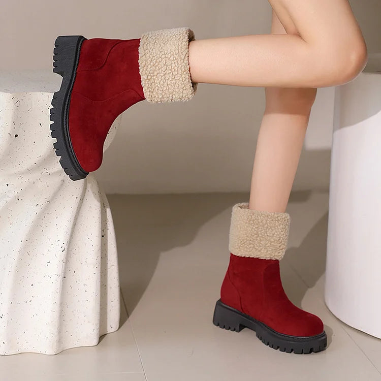 Patchwork Fluffy Trim Round Toe Chunky Heel Pull On Snow Boots