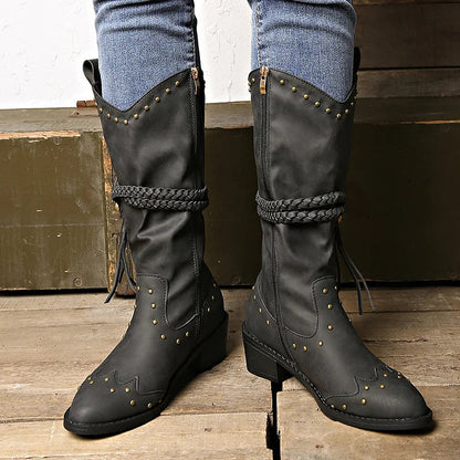 Metallic Studded Braided Strap Decor Pointed Toe Chunky Heel Mid Calf Boots