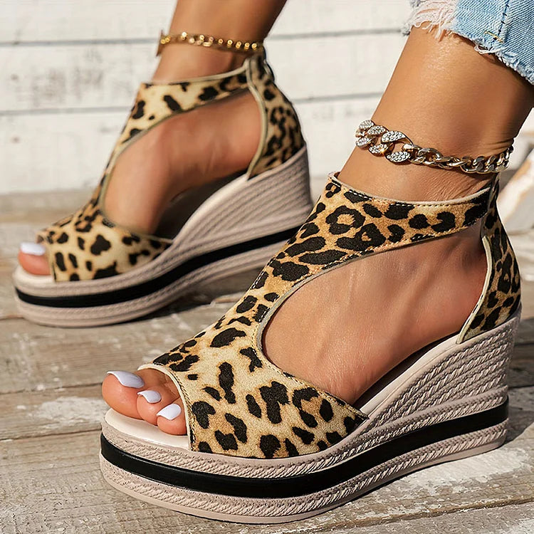 Leopard Print Cut Out Peep Toe Ankle Strap Platform Wedge Sandals