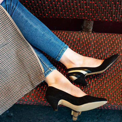 Patchwork Pointed Toe Elegant Black Low Heels [Pre Order]