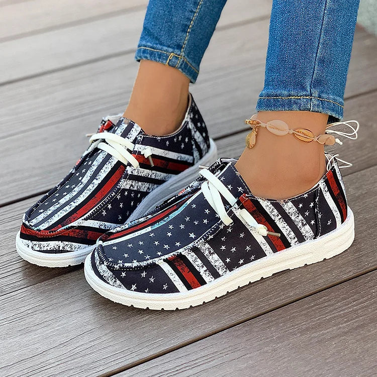 Colorblock Striped Star Flag Print Round Toe Lace Up Sneakers