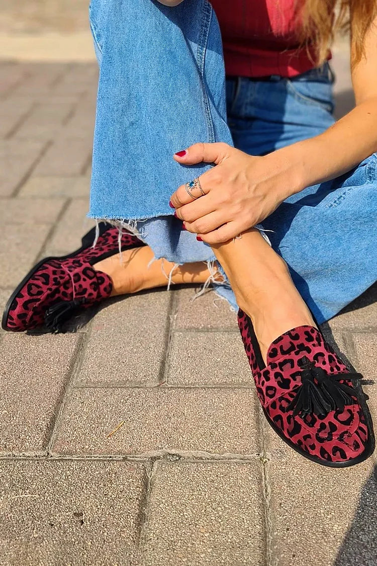 Tassels Decor Leopard Print Round Toe Fuchsia Loafers [Pre Order]